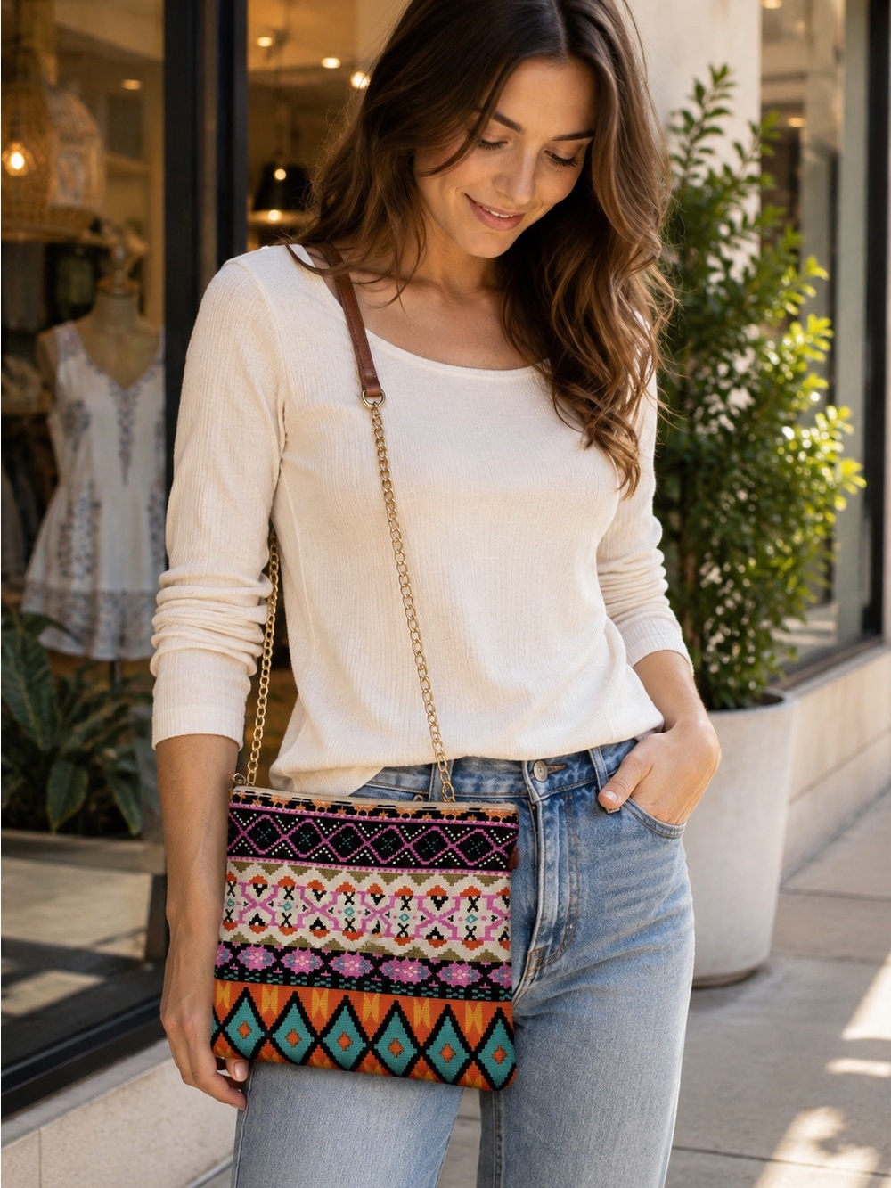 Boho Embroidered Crossbody Bag in Multicolor